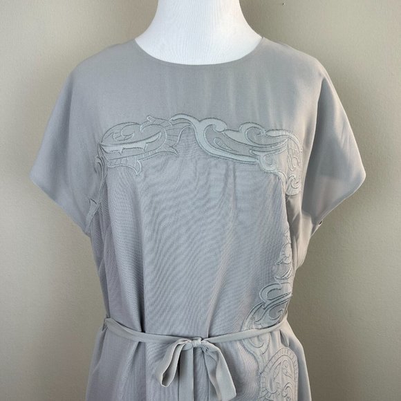 Armani Exchange Dress 10 Gray‎ Embroidered Belted Short Dolman Sleeve Mesh Lined - Picture 2 of 12